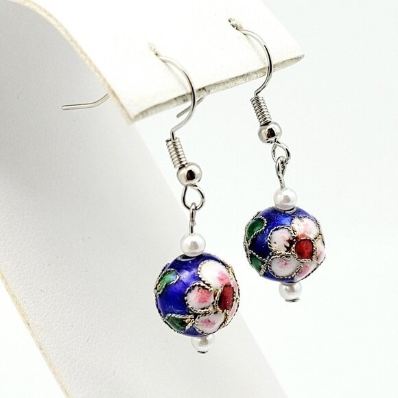 Artisan Blue Cloisonne Beaded Earrings Silver Tone French Ear Wires Drop Dangle - Picture 4 of 4